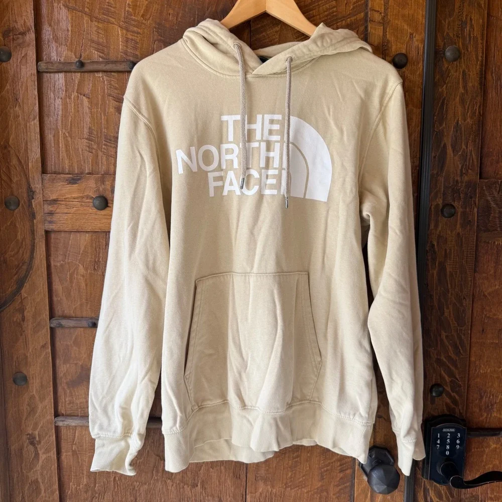 The North Face Mens Circular Design Hoodie Tan Beige Logo Pullover Sweatshirt M